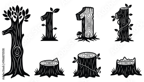 Tree stump vector illustration set with numbers and leaves growing