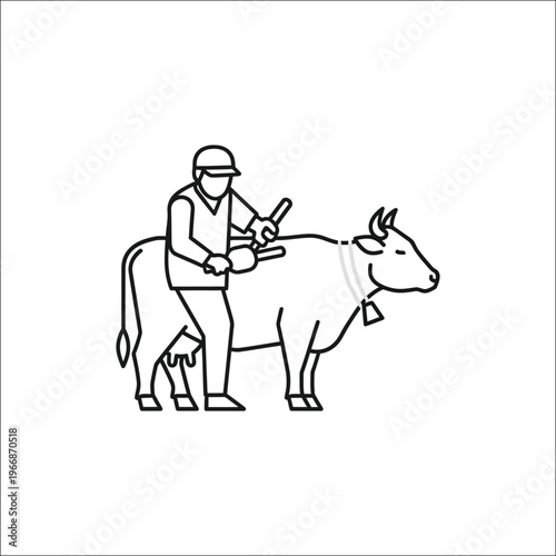 Farmer Brushing Cow – Livestock Grooming Line Art Vector Illustration