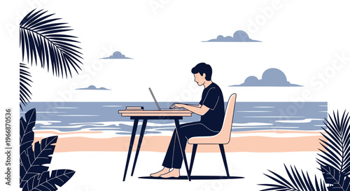 A young person enjoys the ultimate freedom of working remotely on their laptop from a serene tropical beach, embracing a flexible digital nomad lifestyle.