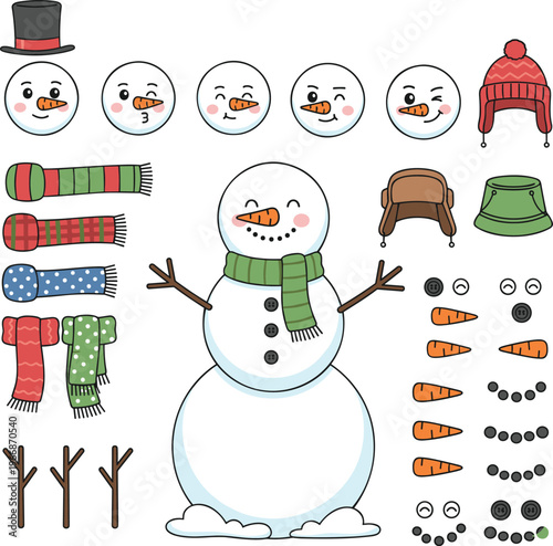 Build a snowman creator kit vector illustration with customizable heads scarves hats and carrot noses for winter holiday DIY crafts.