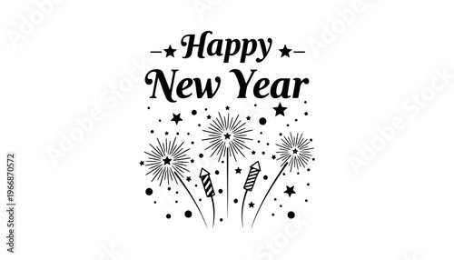 Happy New Year celebration icon with fireworks and stars