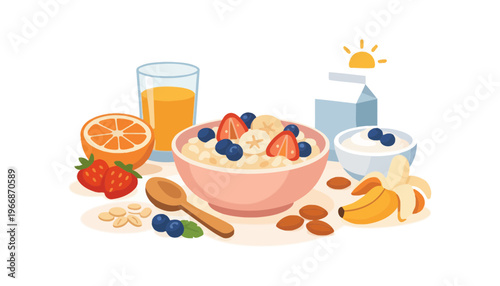 A bowl of oatmeal with fruit and nuts on a table