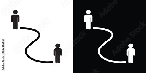 Conceptual vector icon featuring two figures connected by a curved path. Represents spatial relationship, social distancing, journey mapping, or hierarchy in a clean black and white layout.