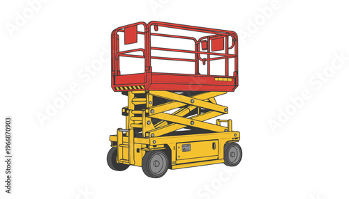 A scissor lift vehicle with a red platform and yellow base