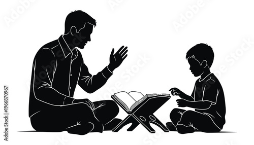 A father teaching his son from a book in silhouette style