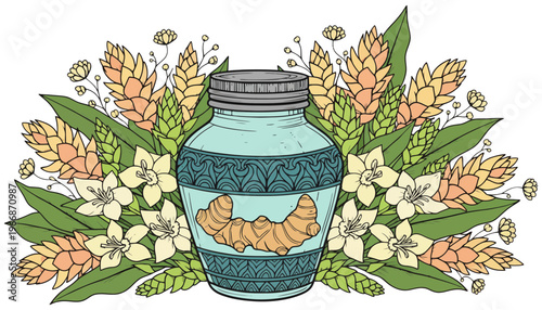 A jar of pickled ginger surrounded by a floral arrangement illustration