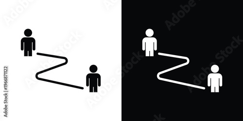 Conceptual vector icon featuring two figures connected by a curved path. Represents spatial relationship, social distancing, journey mapping, or hierarchy in a clean black and white layout.