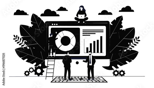 A business team analyzing data on a large computer screen illustration
