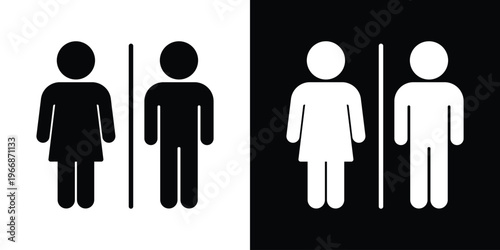 Restroom or bathroom icon set featuring male and female silhouettes separated by a vertical line. Clean, flat vector design in black and white for signage, public facilities, and gender guidance.