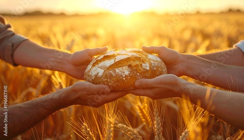 Hands sharing freshly baked bread in a golden wheat field during a warm sunset.
