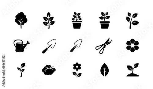 A set of black silhouette vector icons depicting various gardening tools and plants on a white background