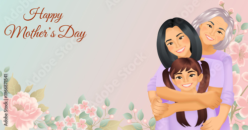 Happy Mothers day horizontal vector illustration with three generations of Asian women hugging on floral background with copy space.
