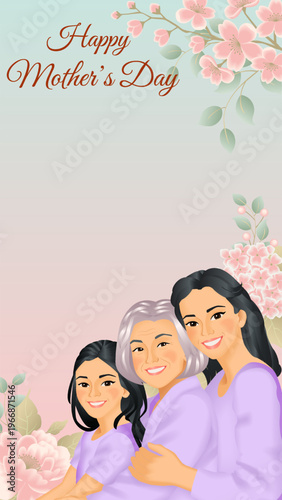 Happy Mothers day vertical vector illustration with three generations of Asian women hugging on floral background with copy space.