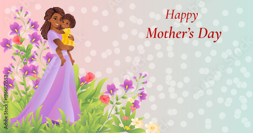 Happy Mothers day horizontal vector illustration with African mother holding toddler in garden with flowers on bokeh background and copy space.
