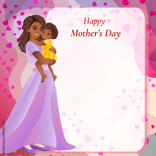 Happy Mothers day square vector illustration with African mother holding toddler with love on background with pink hearts and copy space.