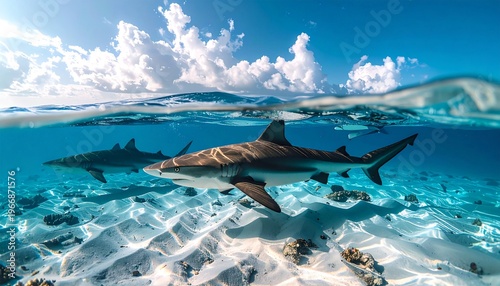 Majestic sharks swimming in clear tropical ocean waters underwater view.