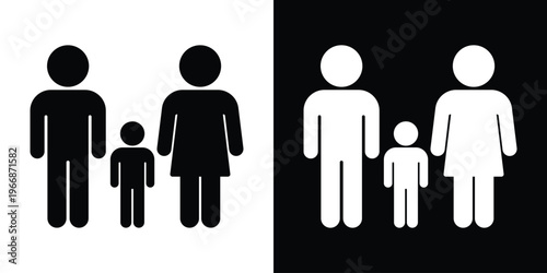 Minimalist vector graphic showing a father, mother, and child standing together. High-contrast icon representing a nuclear family unit, parenting, and domestic life in a clean style.