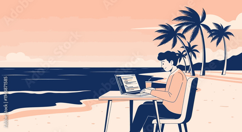 A person works remotely on a laptop at a tranquil beach, embodying the modern digital nomad lifestyle with palm trees and ocean views.