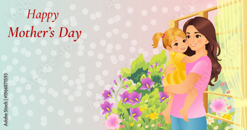 Happy Mothers day horizontal vector illustration with loving mother hugging her daughter near a window with spring flowers and copy space.