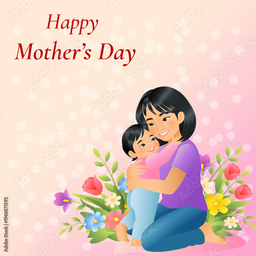 Happy Mothers day square vector illustration with Asian mother hugging toddler with love in garden with flowers on bokeh background and copy space.