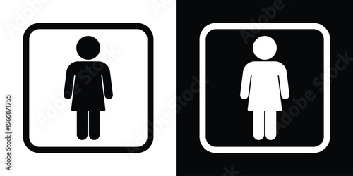Simple female figure icon enclosed in a rounded square frame. Clean black and white vector design ideal for restroom signage, dressing room labels, or gender-specific navigation.