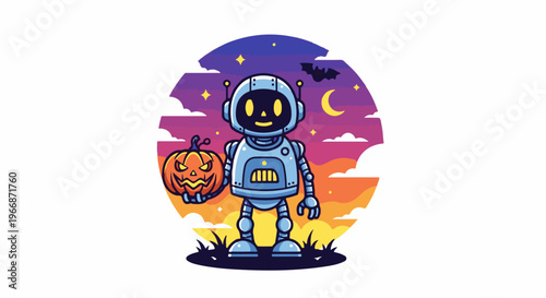 Cartoon robot holding a carved pumpkin under a starry night sky