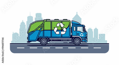 Blue garbage truck with green lid drives down a road