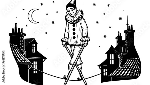 A clown tightrope walker in a black and white illustration at night