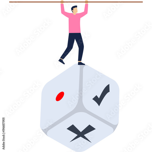 Man balancing above dice representing decision making and uncertainty

