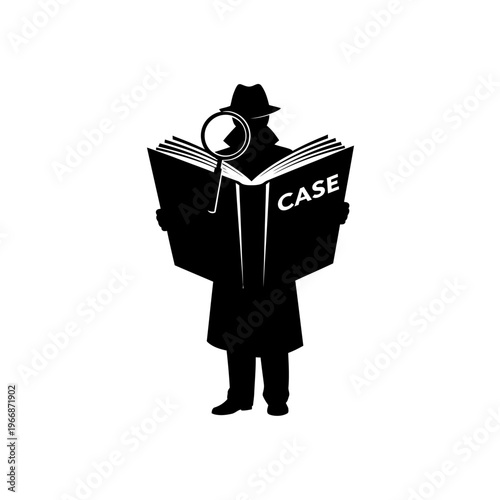 Silhouette of a Detective Inspecting a Case File with Magnifying Glass.