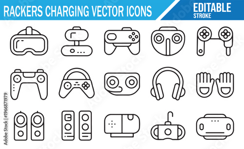 Technology charging icons collection with controllers headphones speakers and devices outline style