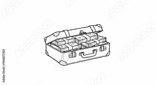 An open suitcase overflowing with stacked bundles of cash, drawn in outline