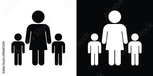 Minimalist icon featuring a female figure with two smaller child figures. Represents motherhood, childcare, family units, or education. Professional black and white vector silhouettes.