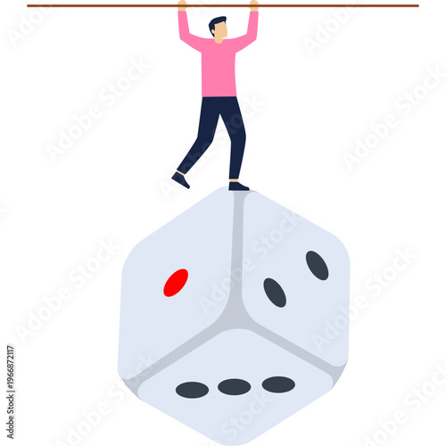 A bold illustration of a man balancing on rolling dice, representing the high risks and unpredictable nature of gambling.

