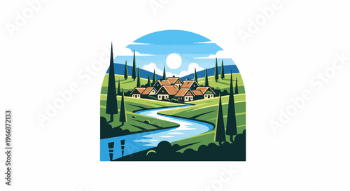 Idyllic village nestled in rolling green hills with a winding river