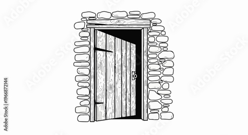 An open wooden door is set into a rough stone wall, inviting entry