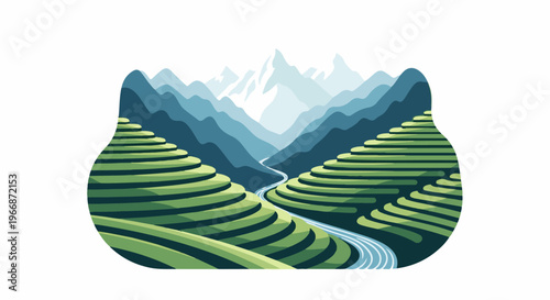 Lush green terraced hills descend to a winding river in a majestic mountain valley