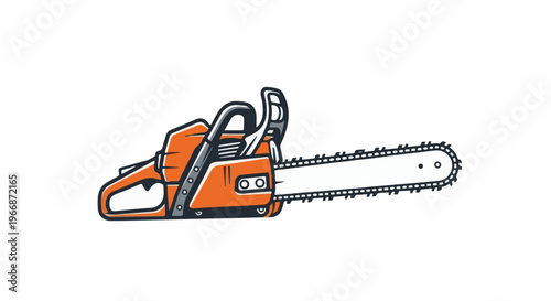 An orange chainsaw with a long, sharp chain against a white background