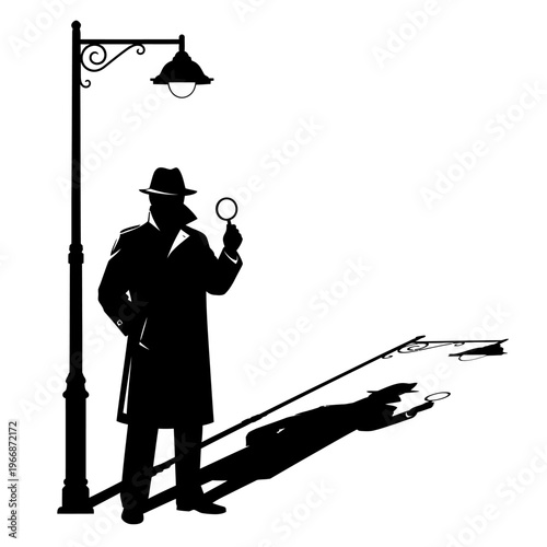 Silhouette of a Detective Inspecting with Magnifying Glass.