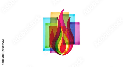 Stylized artistic flame icon on png background with colorful geometric overlays and vibrant fire effect.