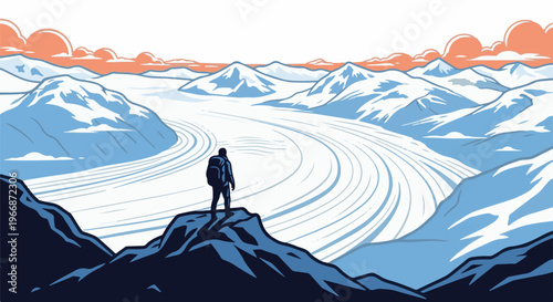 Adventurer surveys vast icy glacial landscape under orange clouds