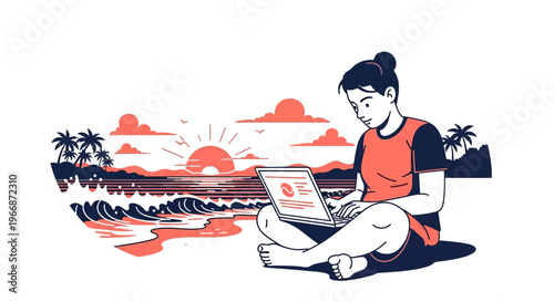 A young woman works remotely on her laptop while enjoying a beautiful tropical beach sunset, embodying the freedom of digital nomad lifestyle.