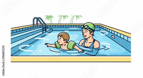 Adult teaching child to swim in pool with palm trees in background
