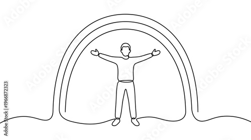 Person Standing Under Rainbow With Arms Wide, Proud to Be Me Concept, Continuous Line Art