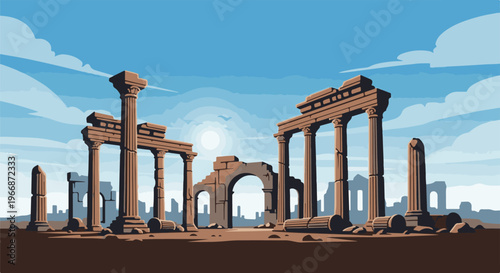 Ancient stone ruins stand against a bright, cloudy sky at sunrise