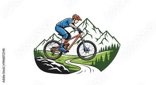 Adventurous rider on a mountain bike races downhill on a winding trail