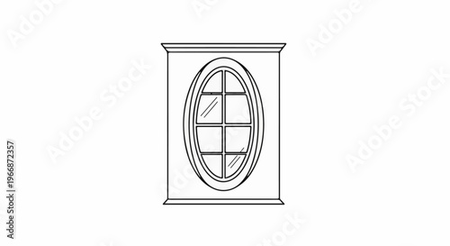 An oval window with panes set in a recessed frame, with a decorative top