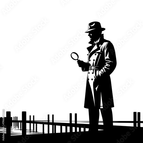 Silhouette of a Detective Inspecting with Magnifying Glass.