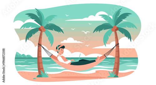 A serene illustration depicts a person working remotely from a tropical beach, comfortably relaxing in a hammock between two tall palm trees.