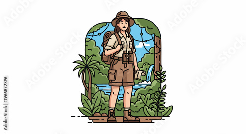 Adventurous woman explorer with backpack and binoculars in lush jungle scenery